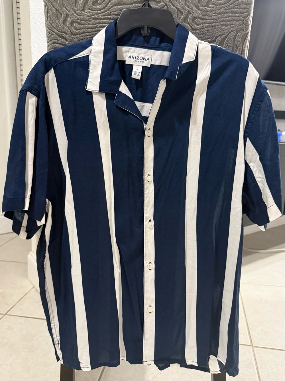 Arizona Jean Company Navy and White Vertical Stripe Short-Sleeve Button-Up